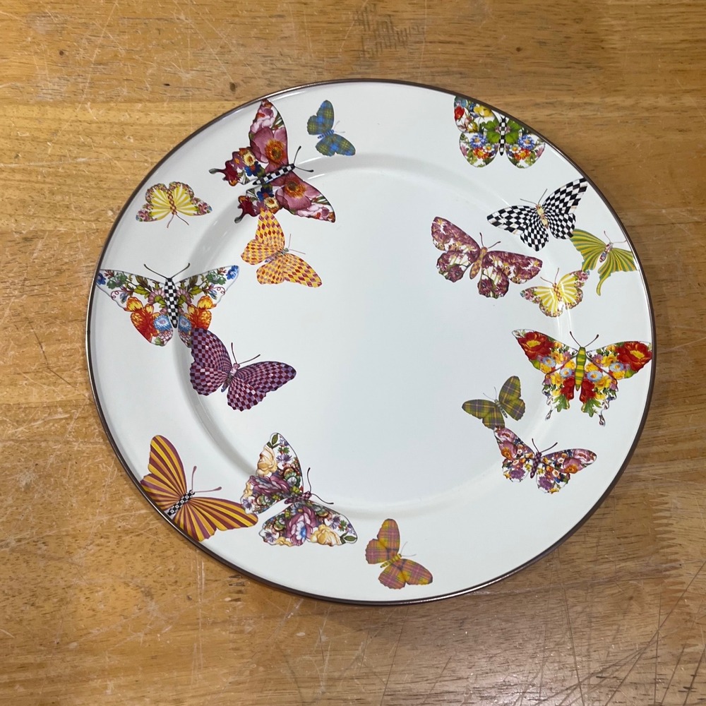 MacKenzie-Childs Butterfly Garden Enamel Dinner Plate 10" Whimsical Garden Vtg